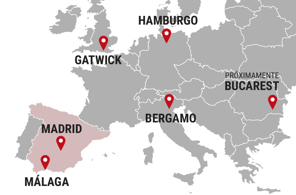 Mapa de rutas DEMOTO GO - Madrid, Málaga, Gatwick, Hamburgo, Bergamo, Bucarest
